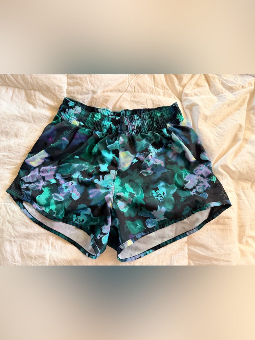 These are All in Motion women's running shorts, watercolor-style floral print XS